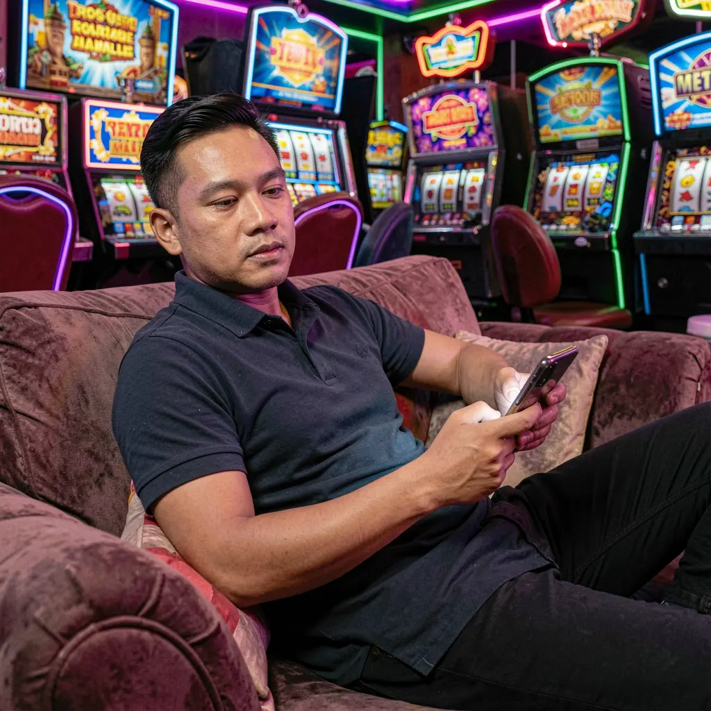 Stylish Filipino man using the UCJILI casino app on his phone while relaxing on a sofa with bright slot machines and neon lights behind him