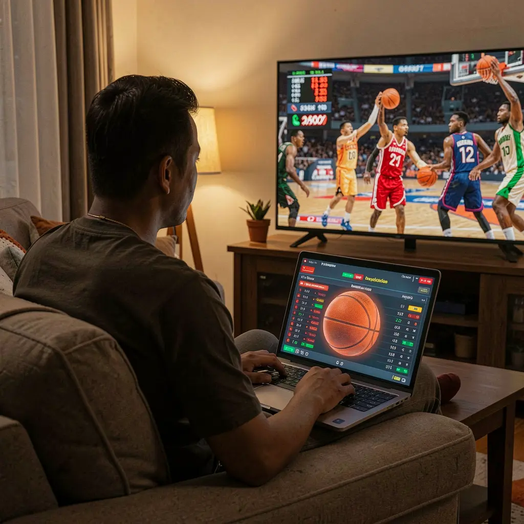 Passionate Filipino sports bettor using the UCJILI betting platform on a laptop at home while watching a live basketball match on TV