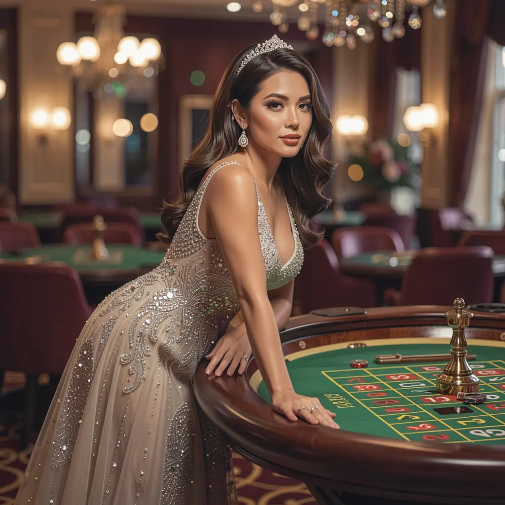 Elegant casino scene with a glamorous model in a sparkling dress standing by a roulette table showcasing the luxury gaming atmosphere of UCJILI Casino Philippines