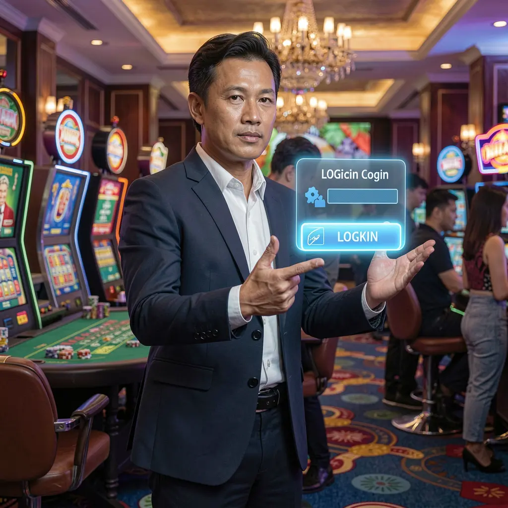 Modern Filipino casino host pointing at a glowing holographic login button in a high energy casino scene representing UCJILI account access in the Philippines