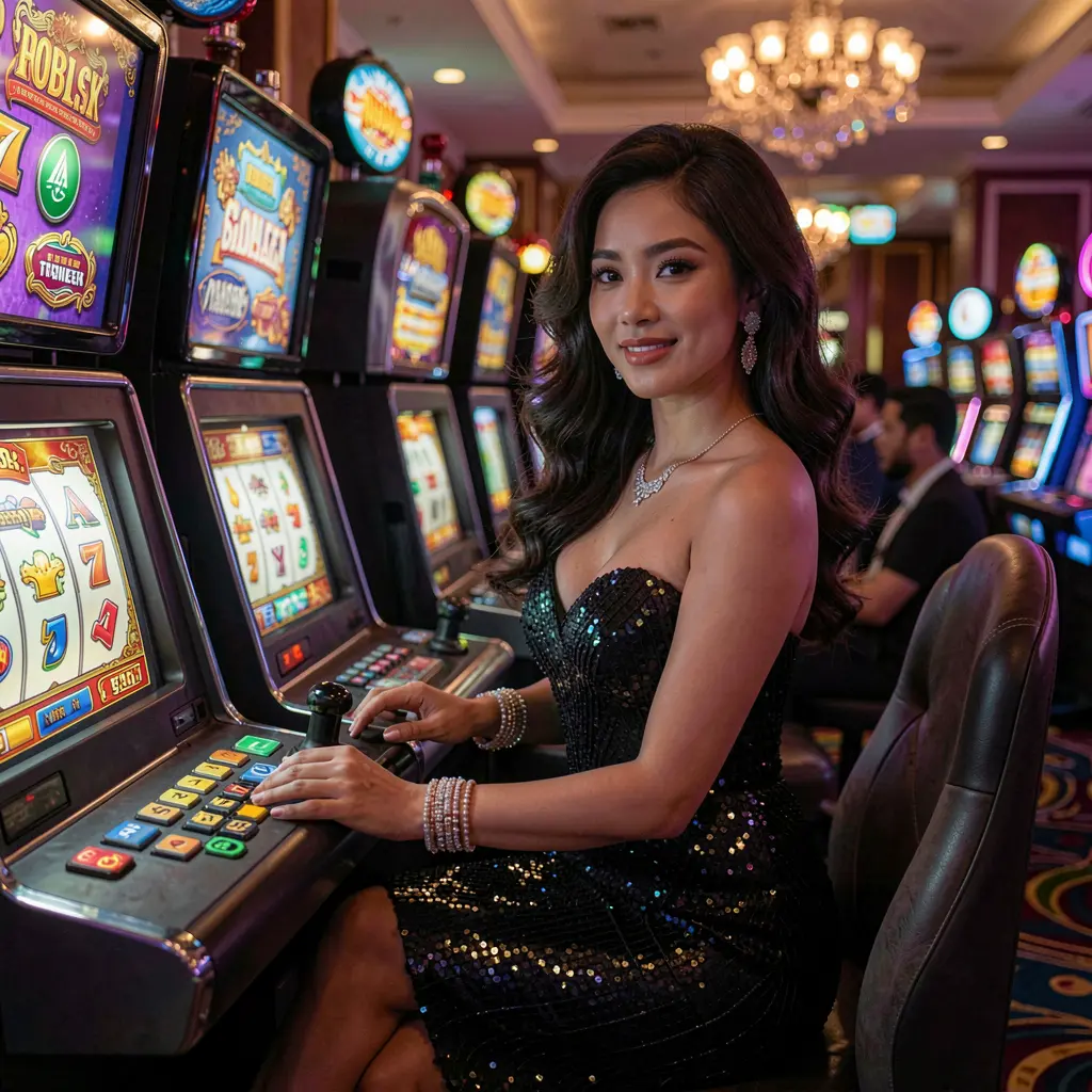 Elegant woman in a vibrant red dress surrounded by glowing casino lights and slot symbols representing the premium online slots experience at UCJILI for players in the Philippines